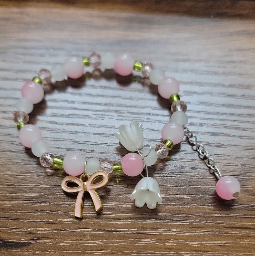 Charming Beaded Bracelet with Bow and Flower Charms - Picture 3 of 5